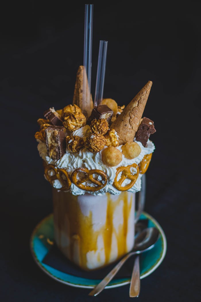 Luxurious milkshake with caramel, pretzels, popcorn, and waffle cones on top.